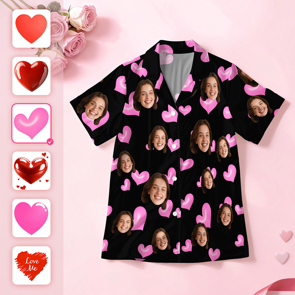 Custom Face Short Sleeve Pajamas Personalised Heart Face Couple Sleepwear Valentine Love Gifts For Her - MyFaceSocksAU