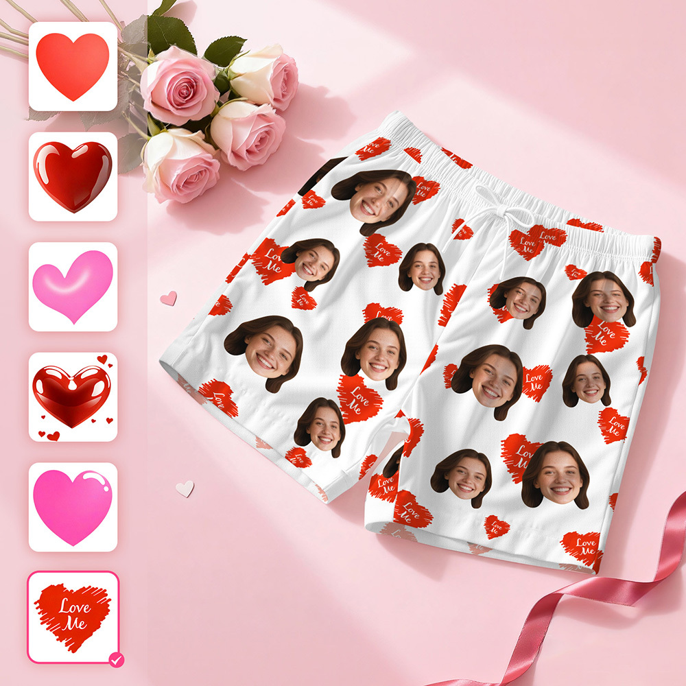 Personalised Face Short Sleeve Pajamas Custom Heart Face Couple Sleepwear Valentine Love Gifts For Him - MyFaceSocksAU