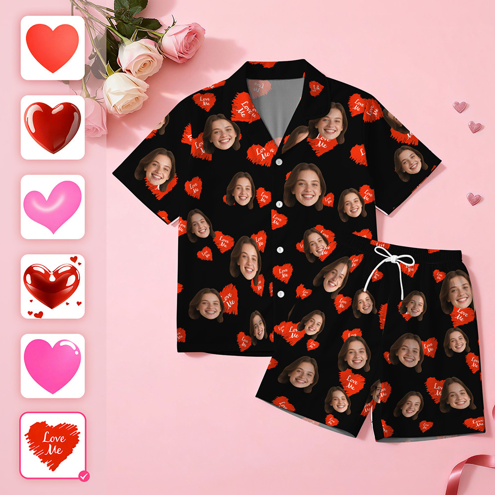 Custom Face Short Sleeve Pajamas Personalised Heart Face Couple Sleepwear Valentine Love Gifts For Her - MyFaceSocksAU