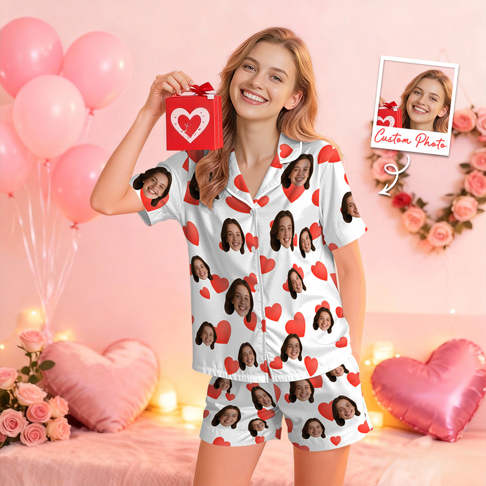 Custom Face Short Sleeve Pajamas Personalised Heart Face Couple Sleepwear Valentine Love Gifts For Her - MyFaceSocksAU