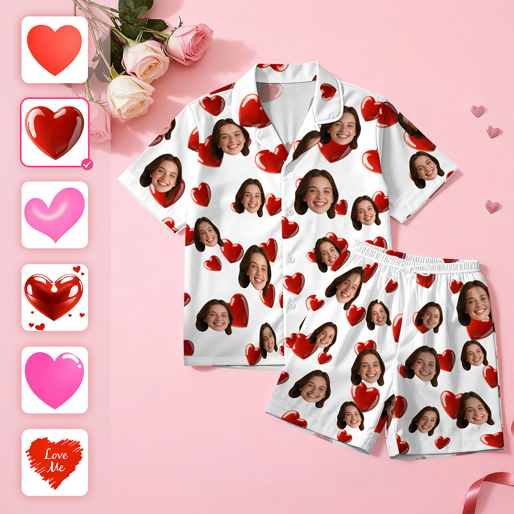 Custom Face Short Sleeve Pajamas Personalised Heart Face Couple Sleepwear Valentine Love Gifts For Her - MyFaceSocksAU