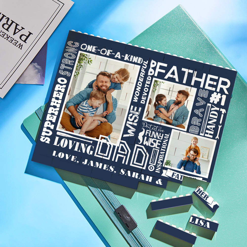 Custom Building Block Puzzle Horizontal Trio Photo Brick for Dad Happy Father's Day - MyFaceSocksAU