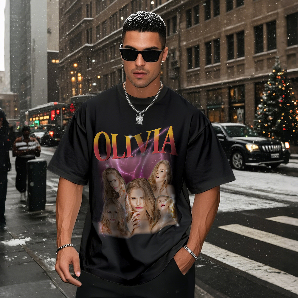 Custom Photo Vintage Tee Personalized Name T-shirt Couple Gifts Black