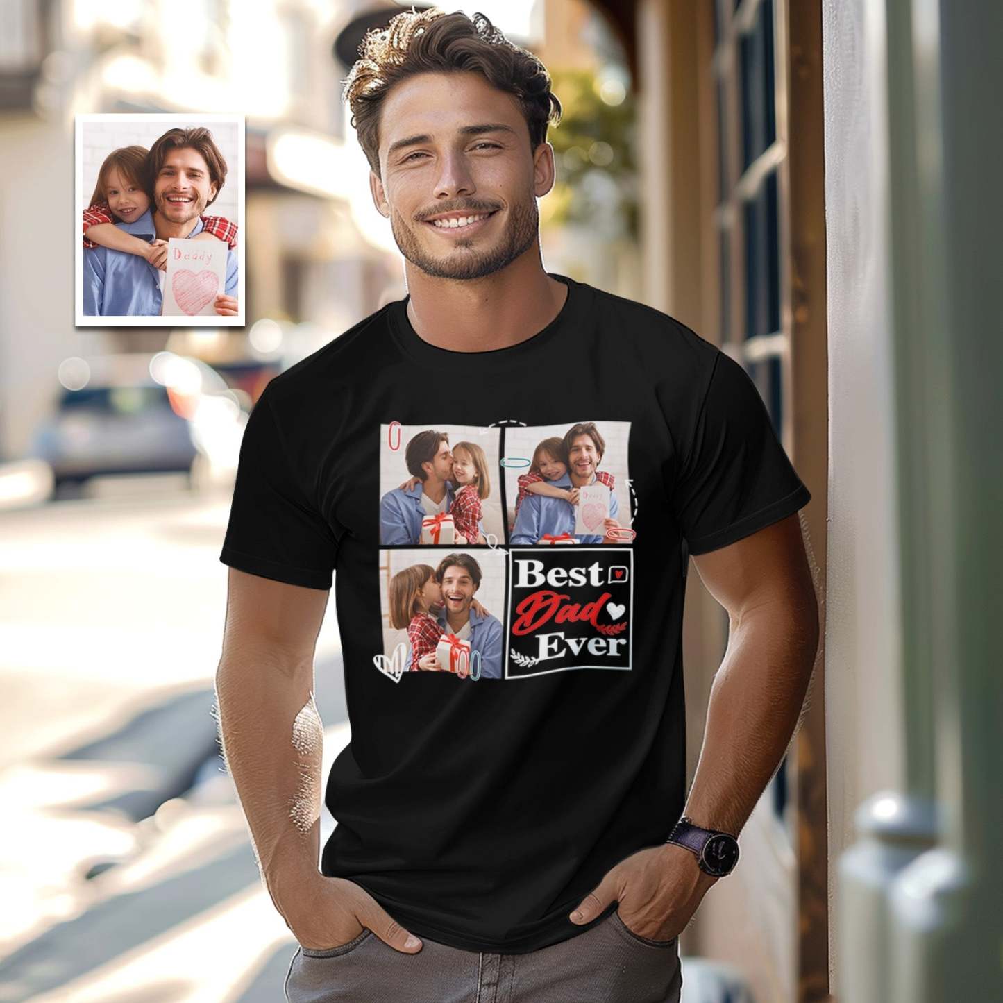 Custom 3 Photos T-Shirt Personalized Photo Men's T-Shirt Best Dad Ever Father's Day Gift Family T-Shirt - MyFaceSocksAU