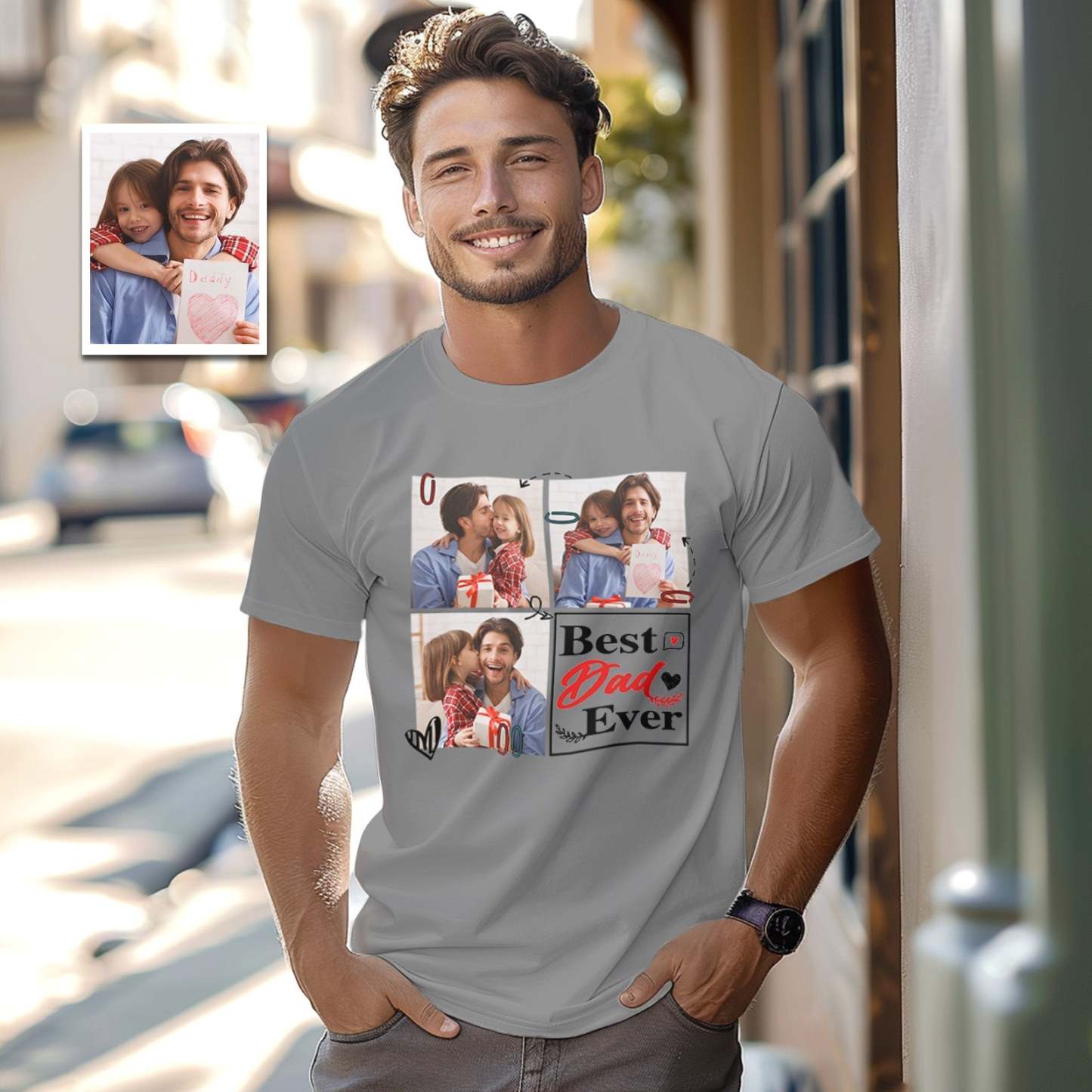Custom 3 Photos T-Shirt Personalized Photo Men's T-Shirt Best Dad Ever Father's Day Gift Family T-Shirt - MyFaceSocksAU