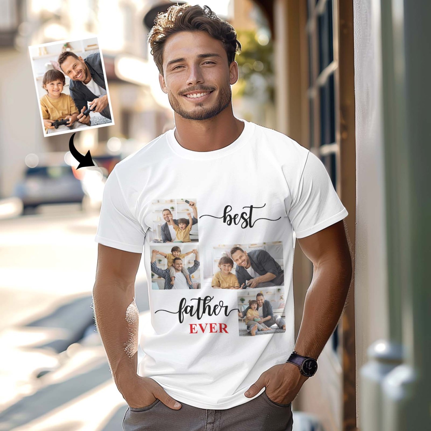 Custom 4 Photos T-Shirt Personalized Photo T-Shirt Best Father Ever Father's Day Gift Family T-Shirt - MyFaceSocksAU