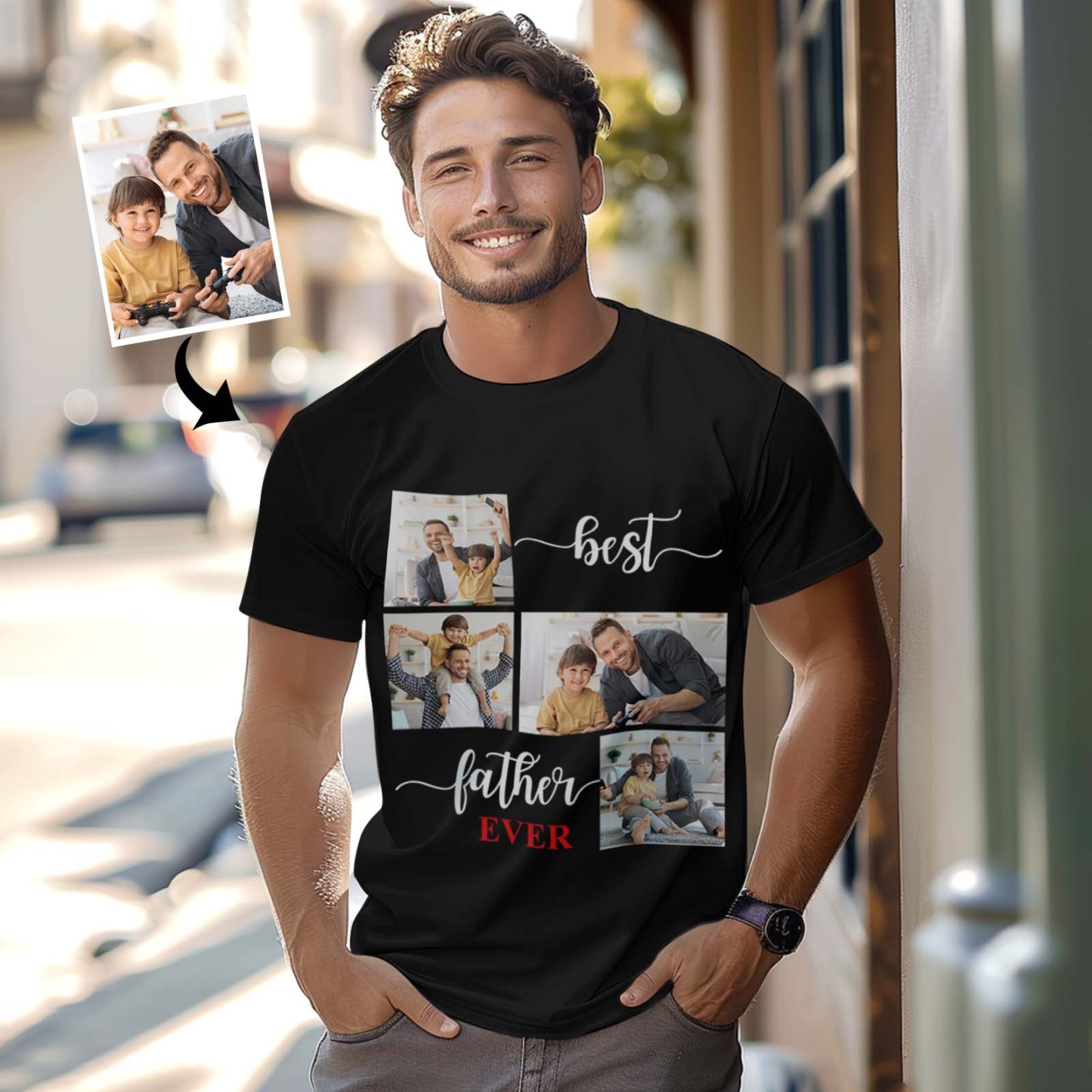 Custom 4 Photos T-Shirt Personalized Photo T-Shirt Best Father Ever Father's Day Gift Family T-Shirt - MyFaceSocksAU