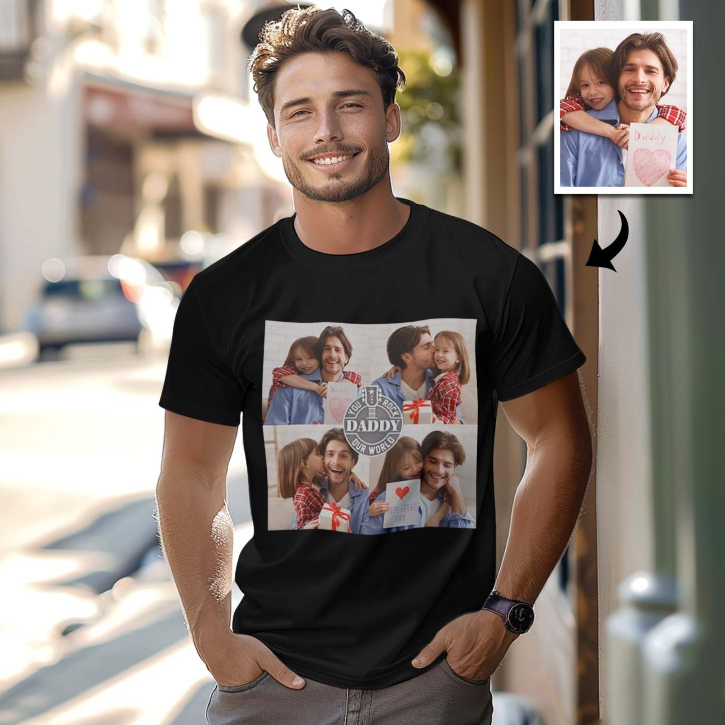 Custom 4 Photos T-Shirt Personalized Photo T-Shirt You Rock Our World Father's Day Gift Family T-Shirt - MyFaceSocksAU