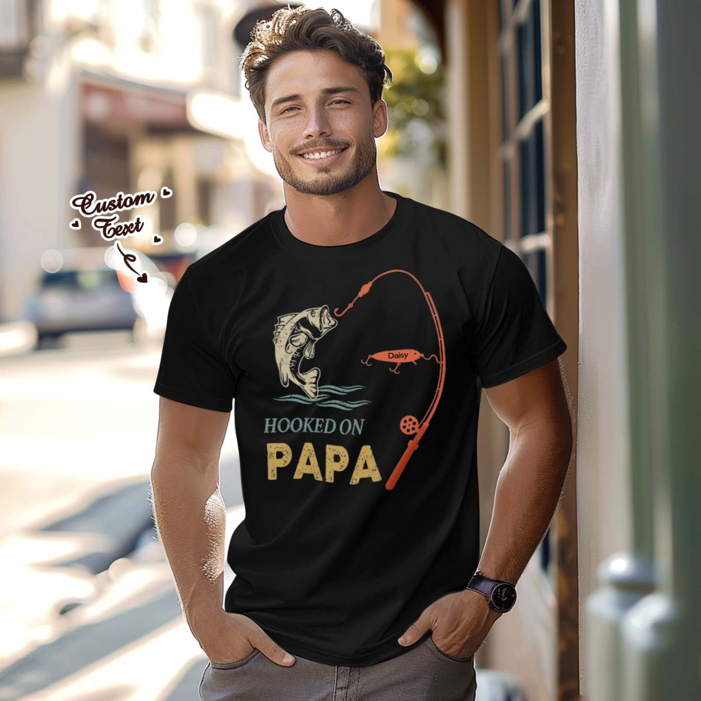 Custom Name T-Shirt Personalized T-Shirt HOOKED ON PAPA Father's Day Gift Family T-Shirt - MyFaceSocksAU
