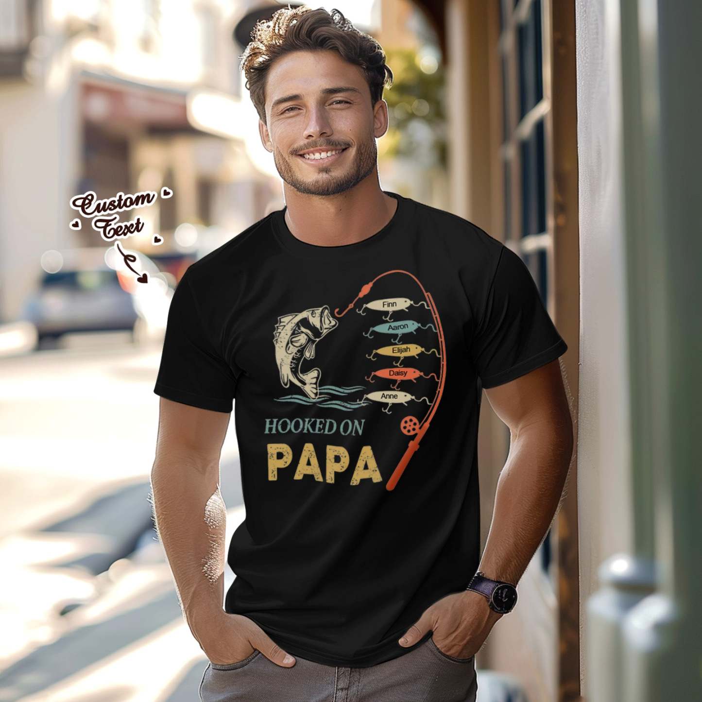 Custom Name T-Shirt Personalized T-Shirt HOOKED ON PAPA Father's Day Gift Family T-Shirt - MyFaceSocksAU
