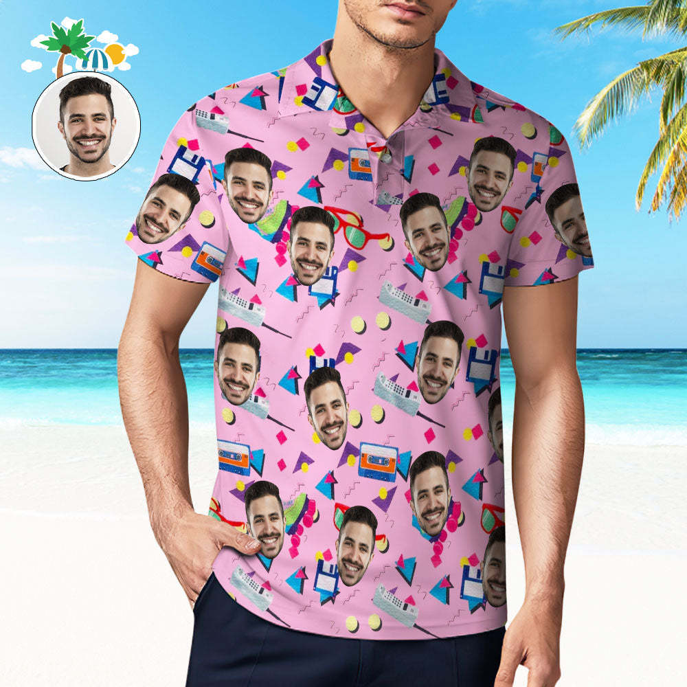 Custom Mens Face Hawaiian Polo Shirt Pink Party Style Polo Shirt - MyFaceSocksAU