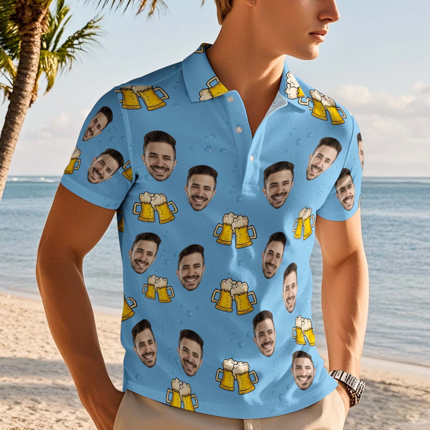 Custom Face Polo Shirt Cheers Beer Blue Polo Shirt - MyFaceSocksAU