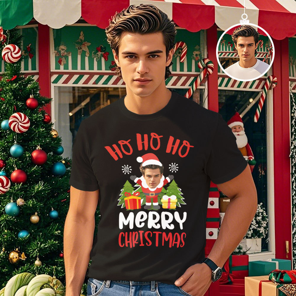 Custom Face T-shirt Merry Christmas Face Tshirt HoHoHo Funny Face Shirt - MyFaceSocksAU