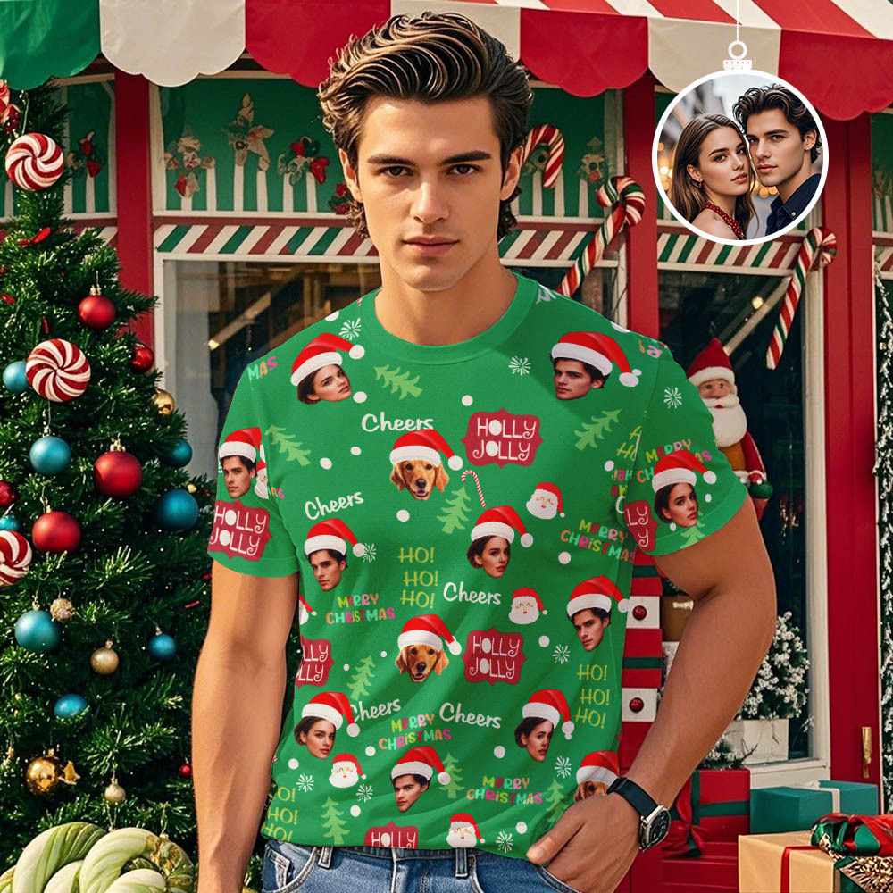 Custom Face T-shirt Merry Christmas Face Tshirt HoHoHo Funny Face Shirt - MyFaceSocksAU