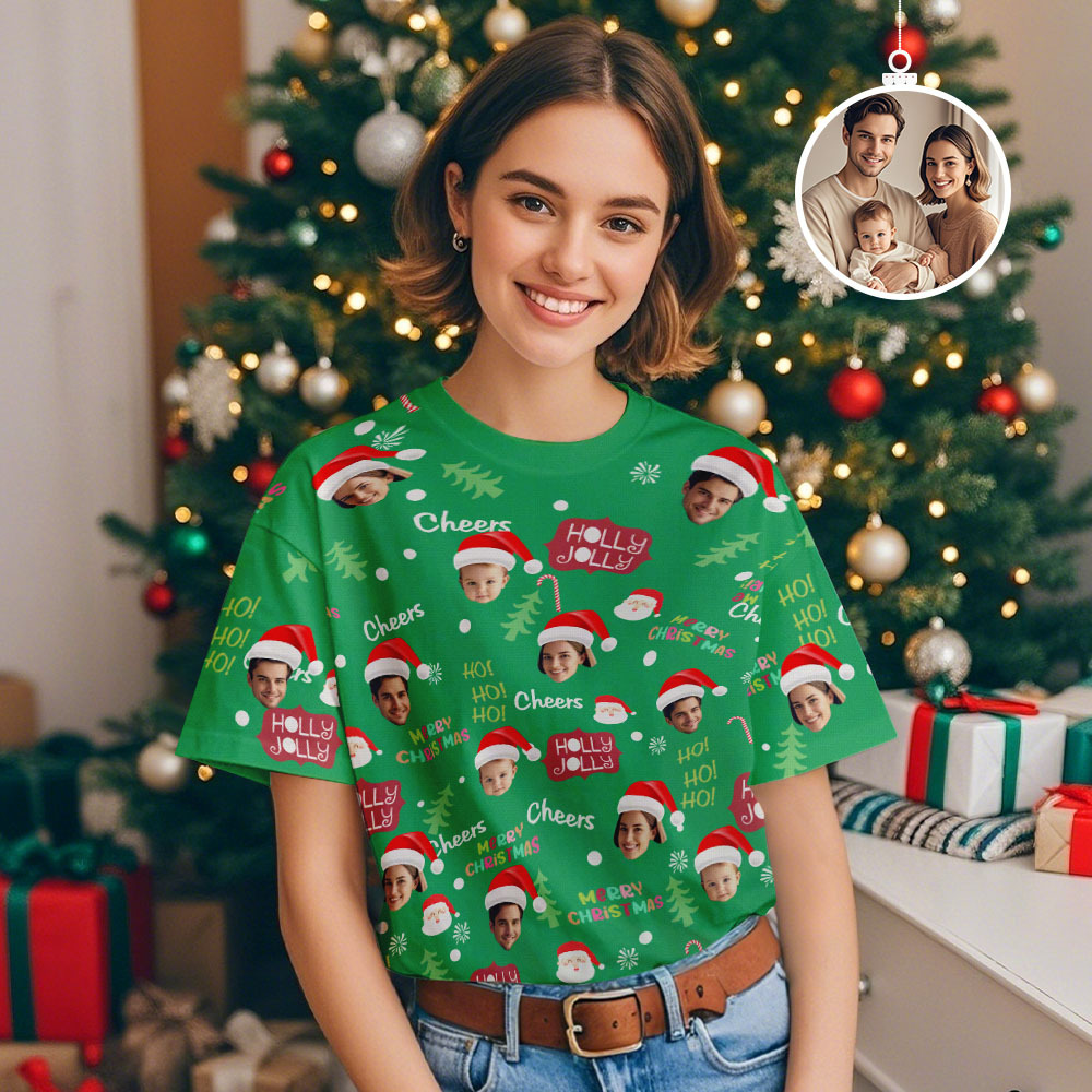 Custom Face T-shirt Merry Christmas Face Tshirt HoHoHo Funny Face Shirt - MyFaceSocksAU