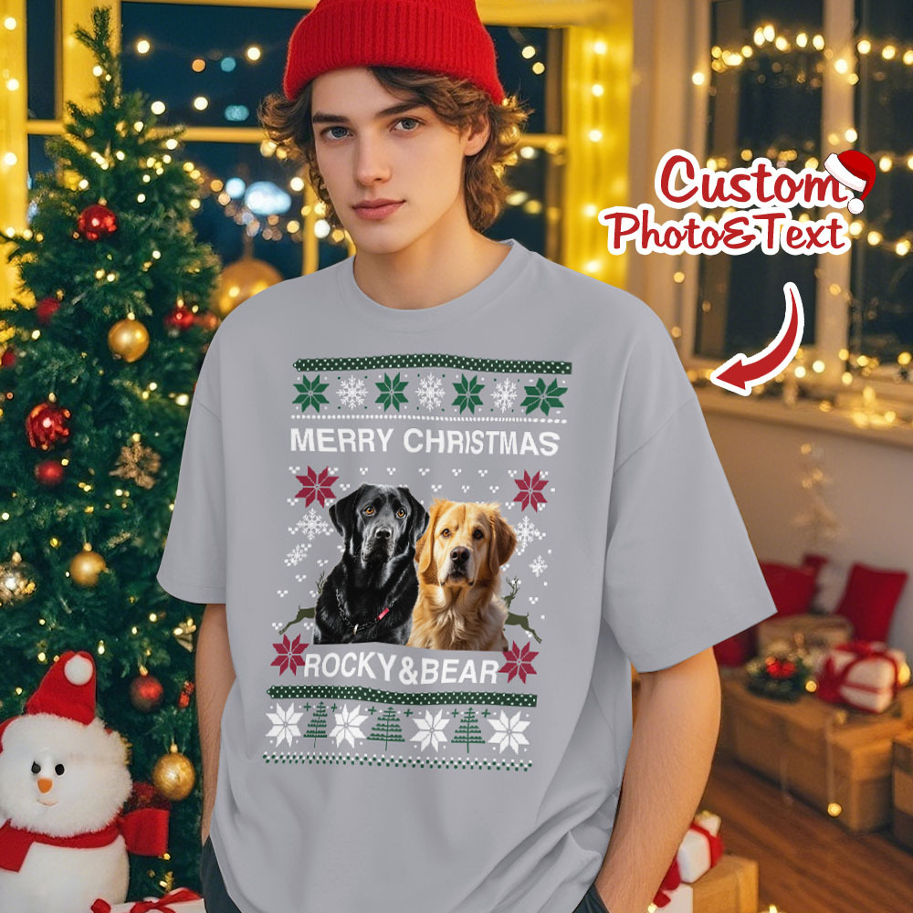 Custom Photo Christmas Dog Shirt Dog Lover Personalized Christmas Photo T-shirt - MyFaceSocksAU