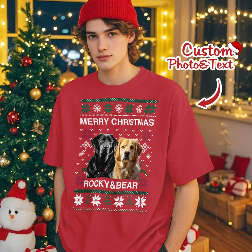 Custom Photo Christmas Dog Shirt Dog Lover Personalized Christmas Photo T-shirt - MyFaceSocksAU