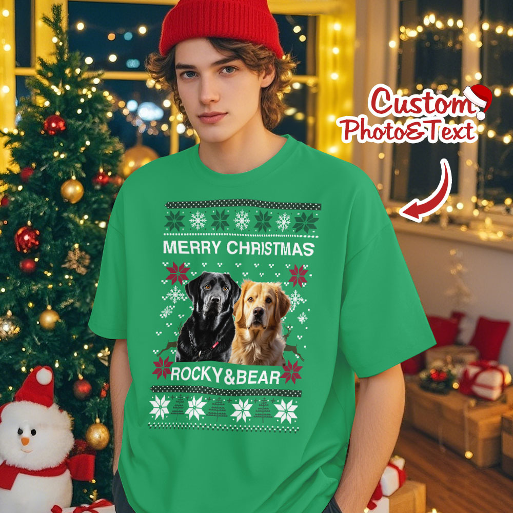 Custom Photo Christmas Dog Shirt Dog Lover Personalized Christmas Photo T-shirt - MyFaceSocksAU