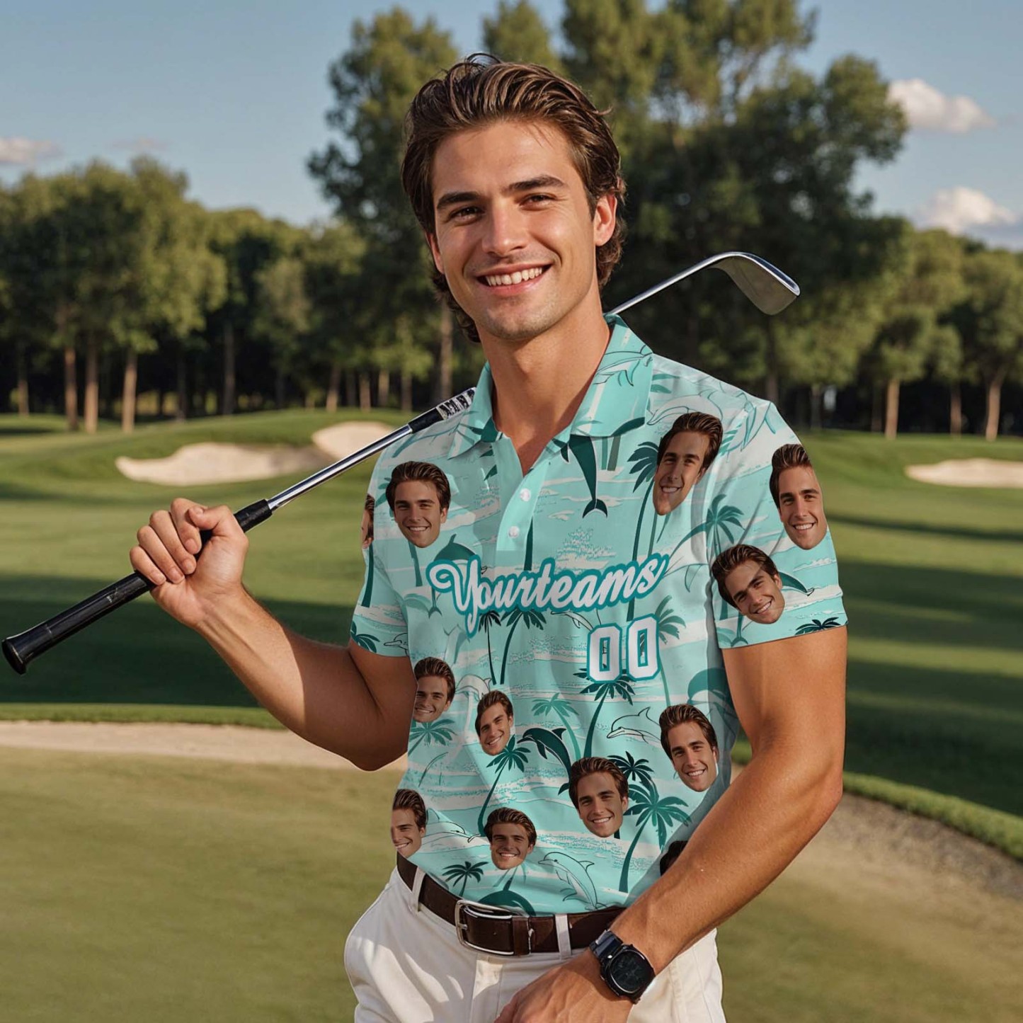 Custom Face Polo Sunset Blue Palm Trees Golf Polo Shirt Text or Not Team Polo Shirt - MyFaceSocksAU