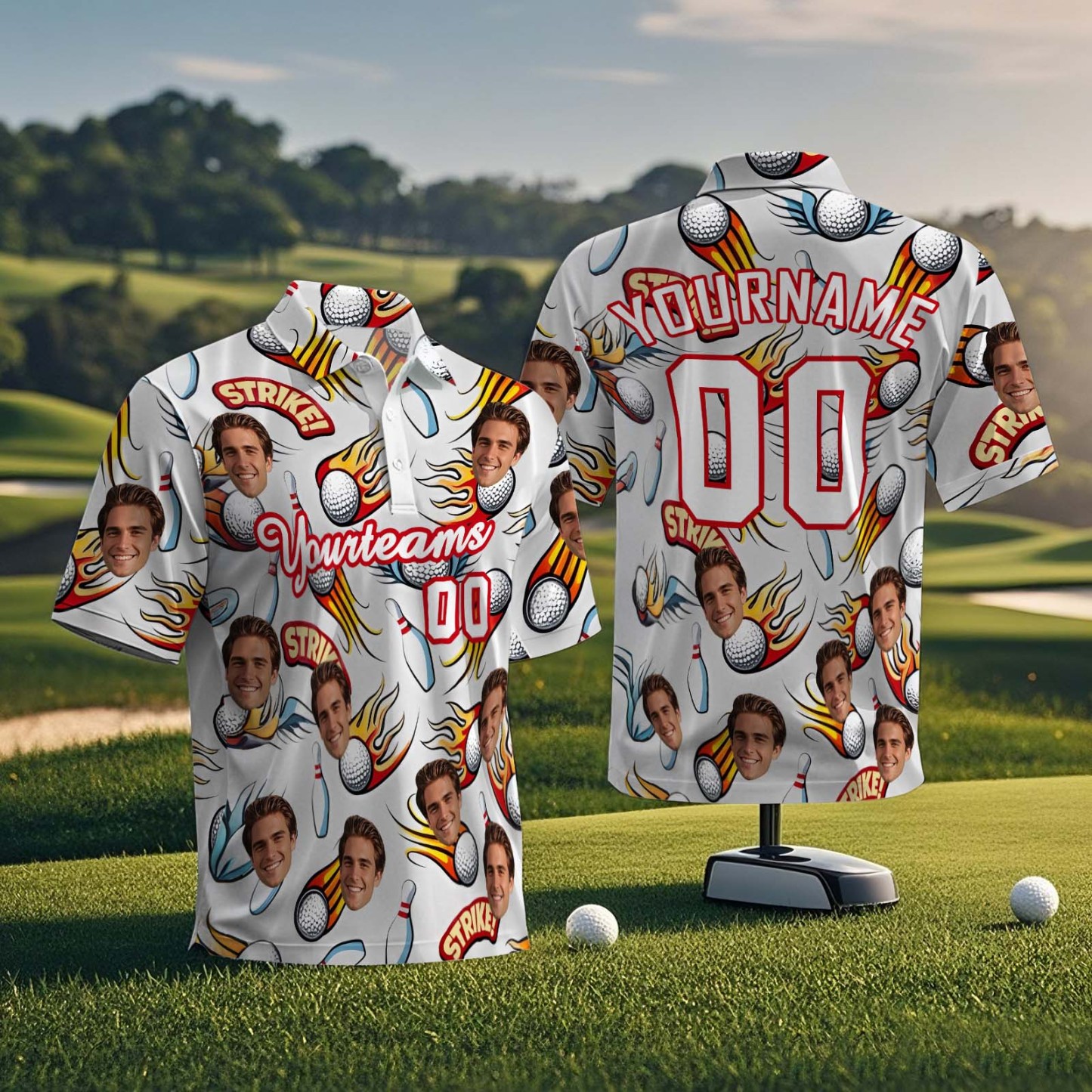 Custom Face Polo Sunset Blue Palm Trees Golf Polo Shirt Text or Not Team Polo Shirt - MyFaceSocksAU