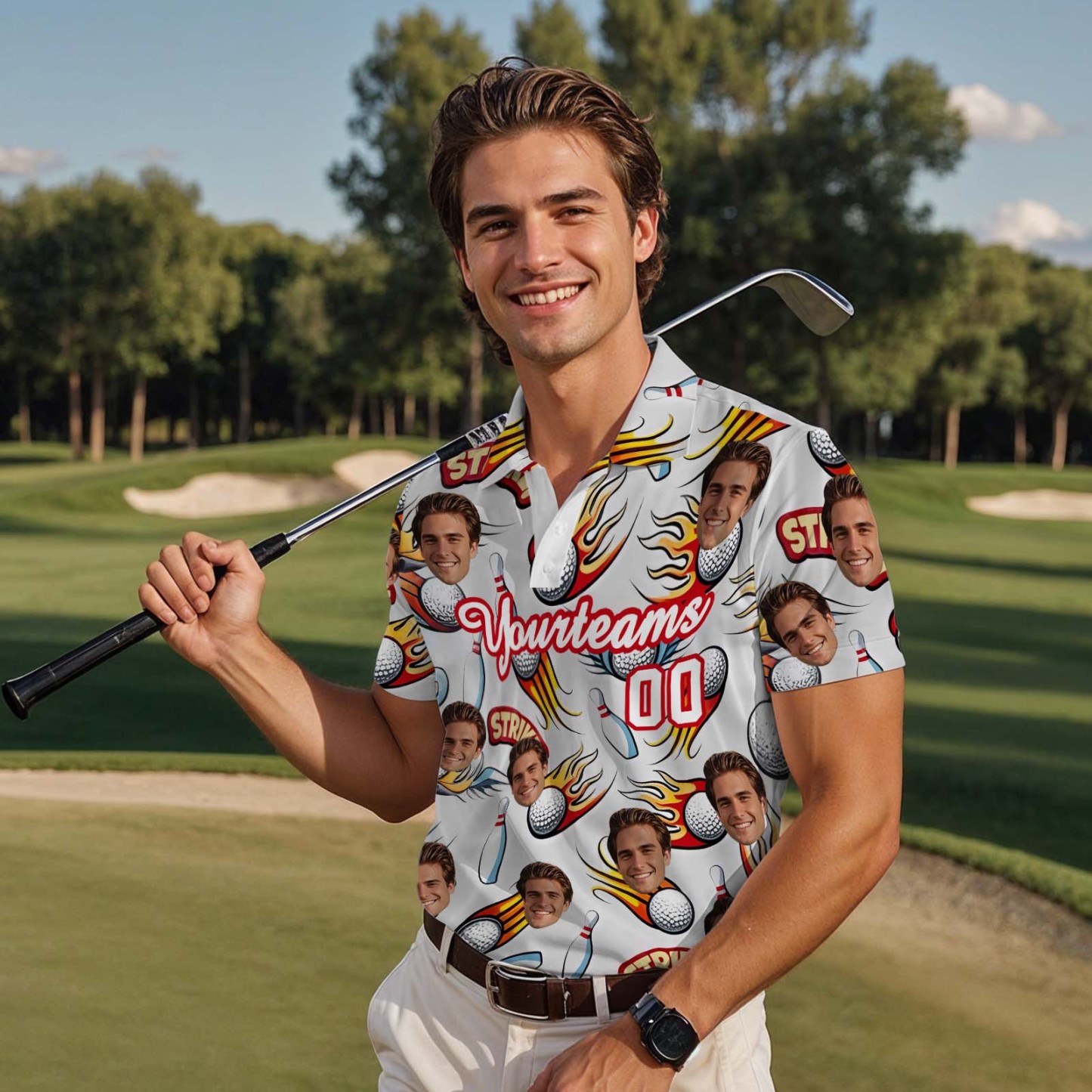 Custom Face Polo Sunset Blue Palm Trees Golf Polo Shirt Text or Not Team Polo Shirt - MyFaceSocksAU