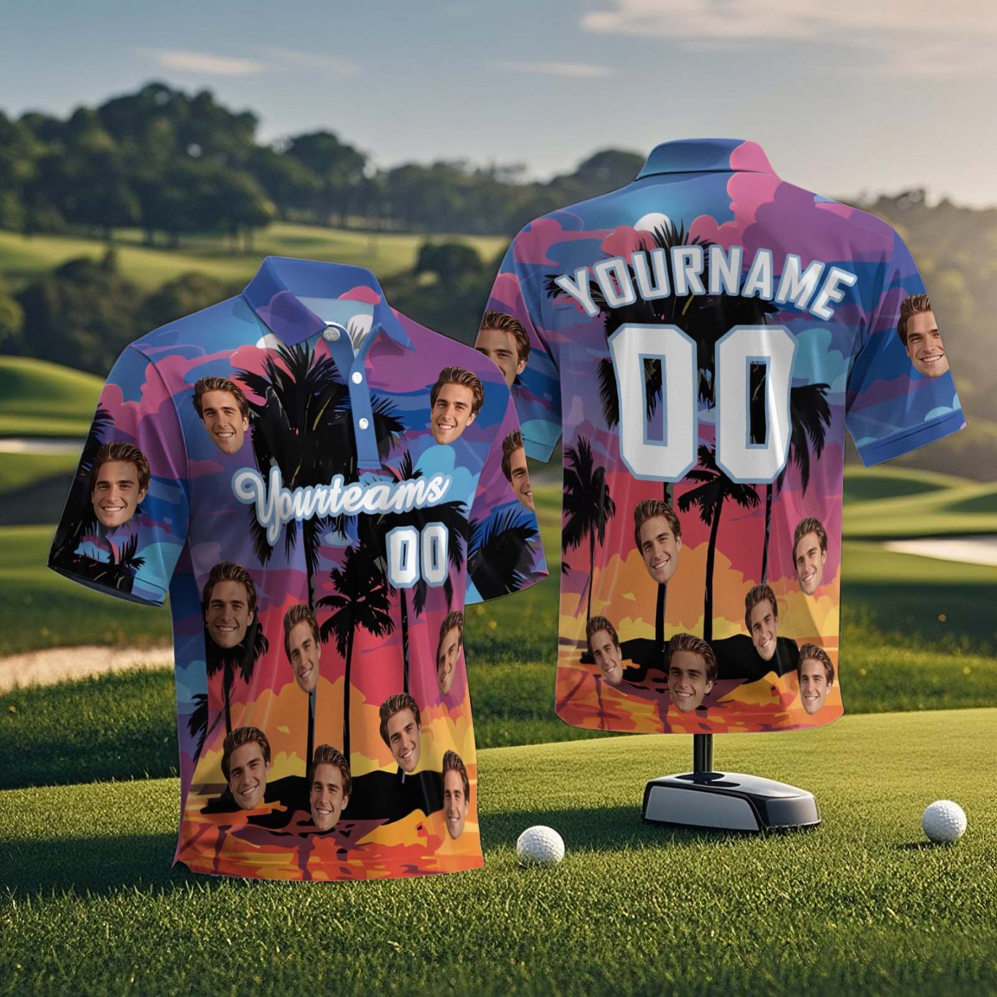Custom Face Polo Sunset Blue Palm Trees Golf Polo Shirt Text or Not Team Polo Shirt - MyFaceSocksAU