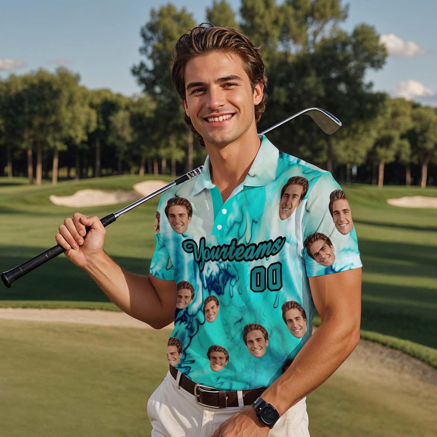 Custom Face Polo Sunset Blue Palm Trees Golf Polo Shirt Text or Not Team Polo Shirt - MyFaceSocksAU
