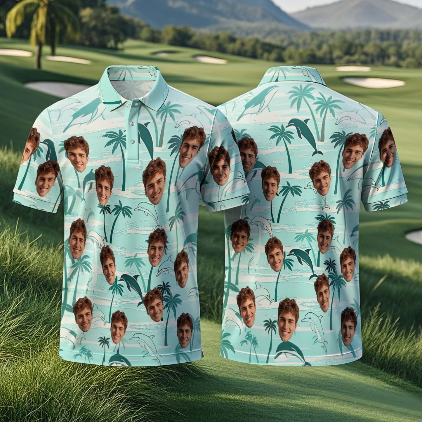 Custom Face Polo Sunset Blue Palm Trees Golf Polo Shirt Text or Not Team Polo Shirt - MyFaceSocksAU