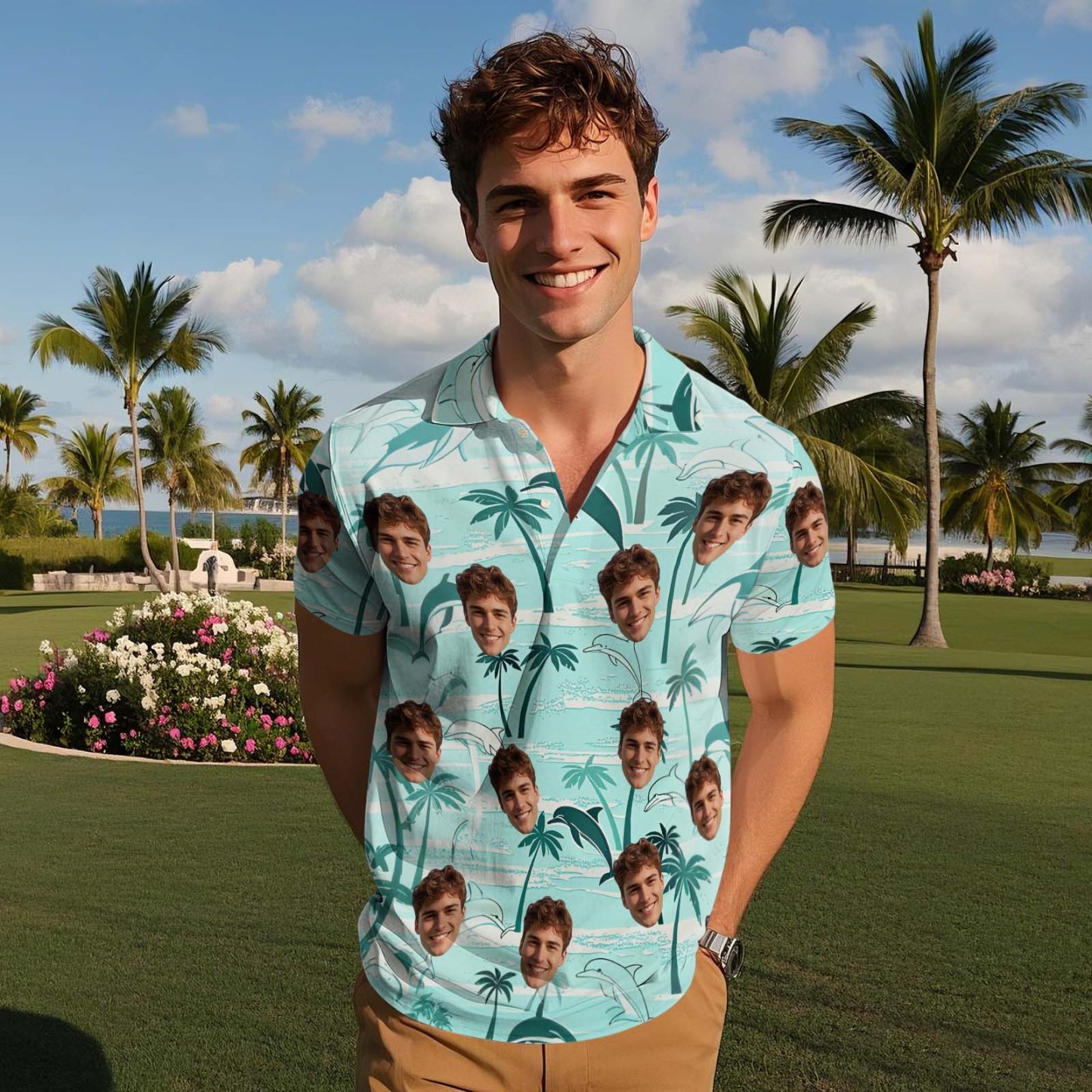 Custom Face Polo Sunset Blue Palm Trees Golf Polo Shirt Text or Not Team Polo Shirt - MyFaceSocksAU