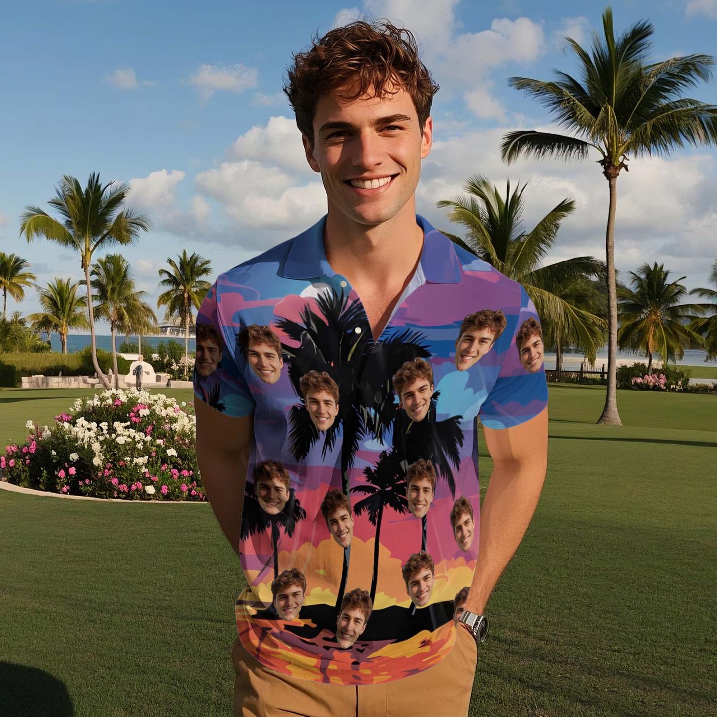 Custom Face Polo Sunset Blue Palm Trees Golf Polo Shirt Text or Not Team Polo Shirt - MyFaceSocksAU