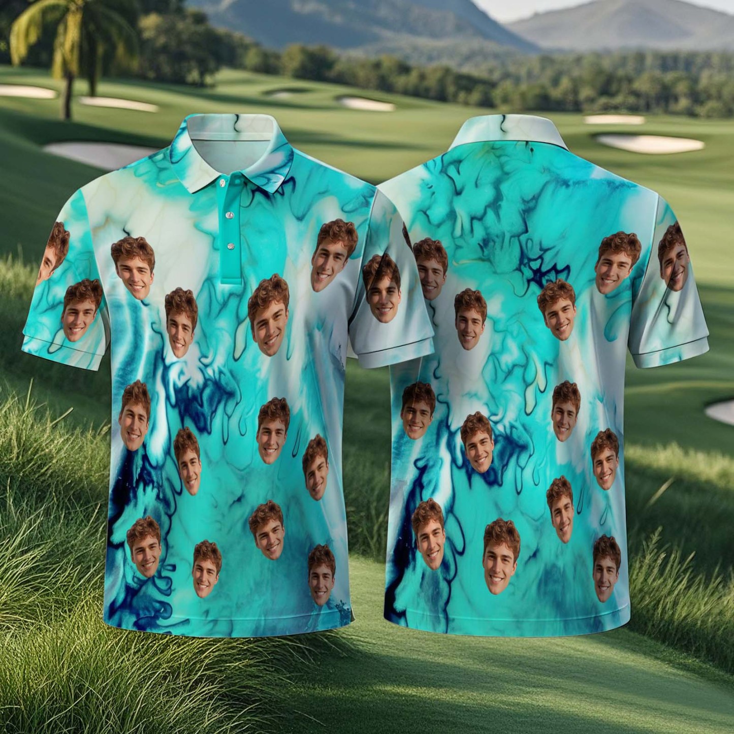 Custom Face Polo Sunset Blue Palm Trees Golf Polo Shirt Text or Not Team Polo Shirt - MyFaceSocksAU