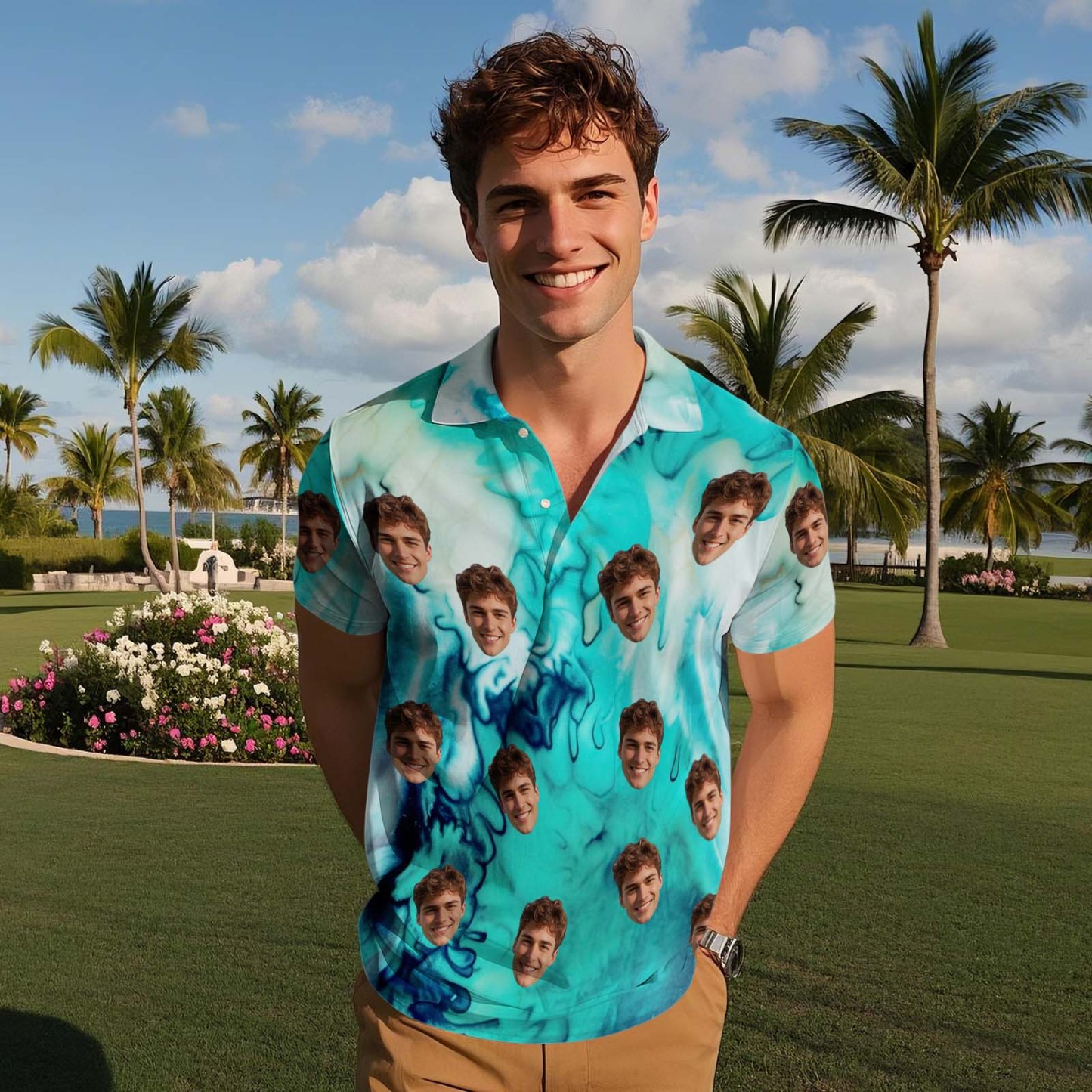 Custom Face Polo Sunset Blue Palm Trees Golf Polo Shirt Text or Not Team Polo Shirt - MyFaceSocksAU