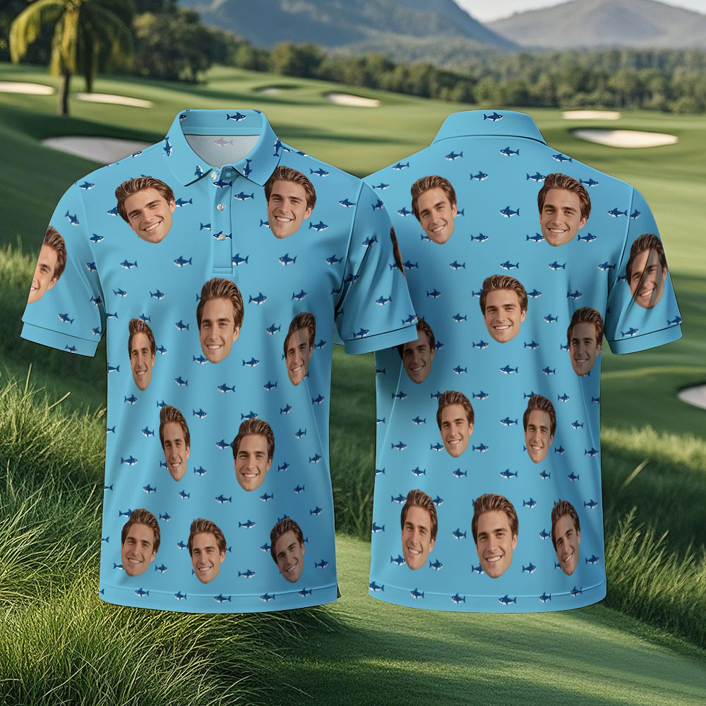 Custom Face Polo Light Blue Golf Polo Shirt Men's Polo Shirt Party Gift - MyFaceSocksAU