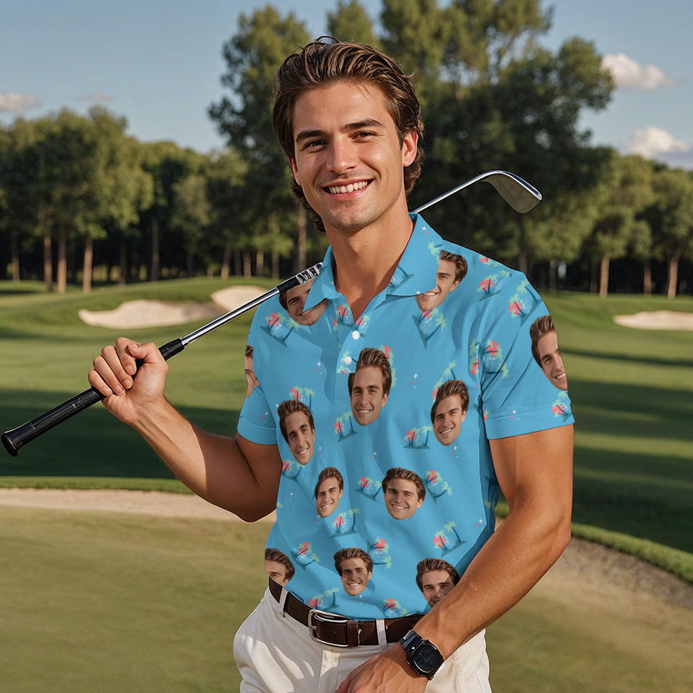 Custom Face Polo Light Blue Golf Polo Shirt Men's Polo Shirt Party Gift - MyFaceSocksAU