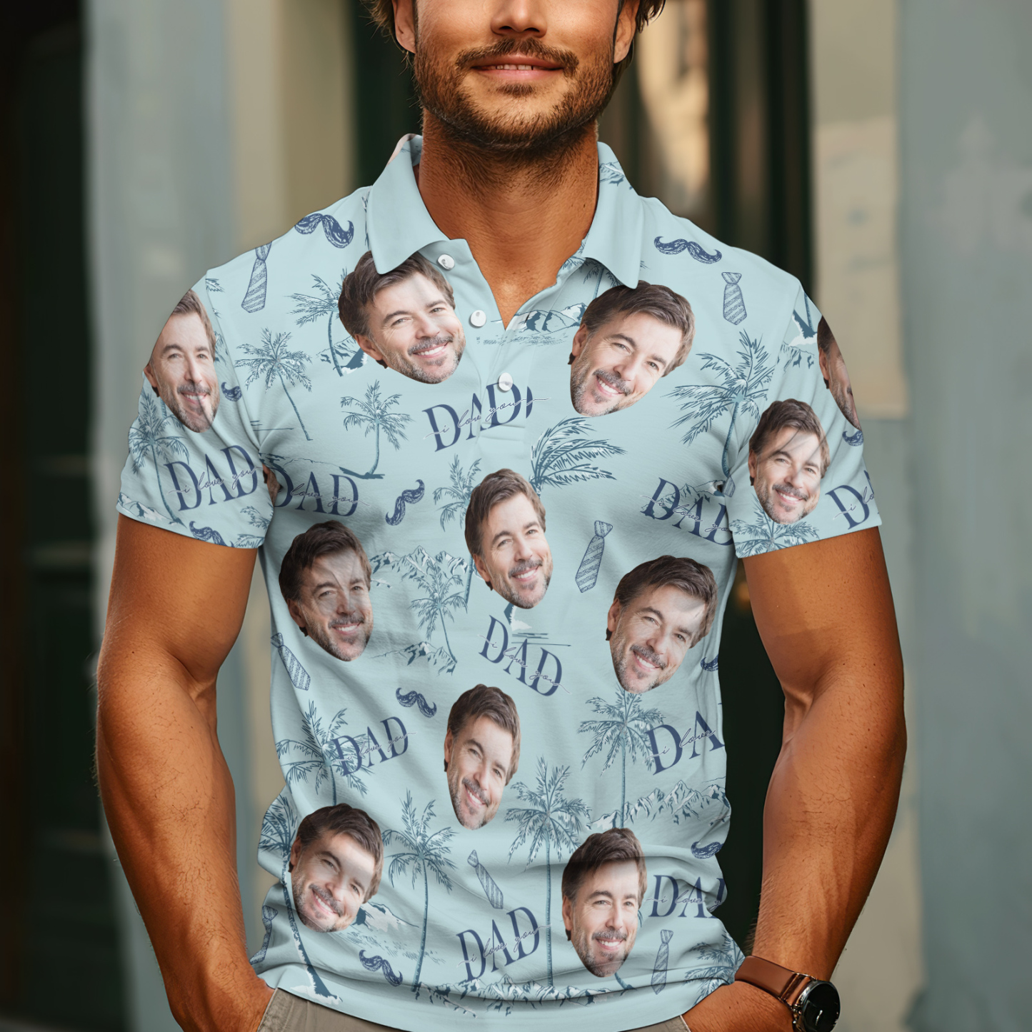 Custom Face Polo Hawaiian Blue Golf Polo Shirt Dad Beard Men's Polo Shirt Fathers Day Gift - MyFaceSocksAU