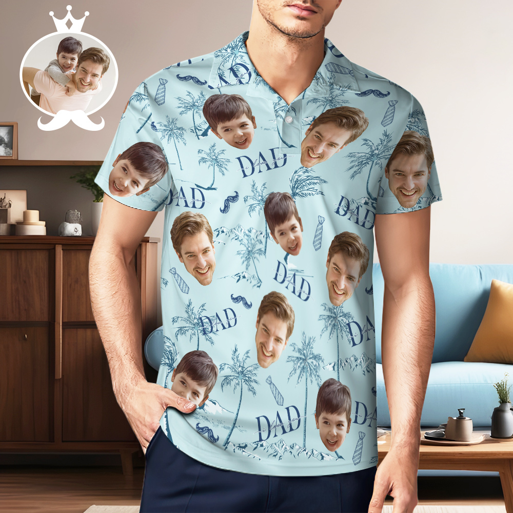 Custom Face Polo Hawaiian Blue Golf Polo Shirt Dad Beard Men's Polo Shirt Fathers Day Gift - MyFaceSocksAU