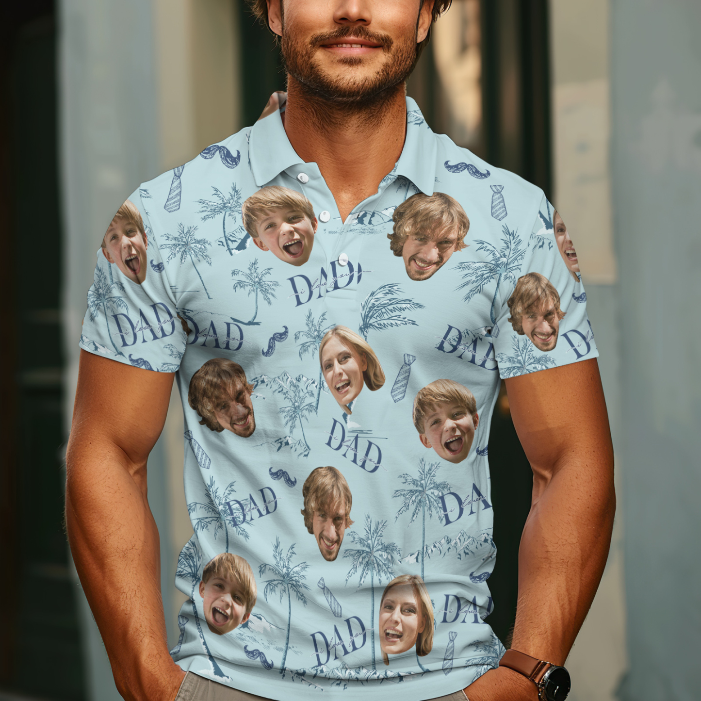 Custom Face Polo Hawaiian Blue Golf Polo Shirt Dad Beard Men's Polo Shirt Fathers Day Gift - MyFaceSocksAU