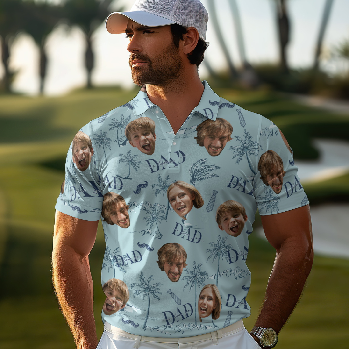 Custom Face Polo Hawaiian Blue Golf Polo Shirt Dad Beard Men's Polo Shirt Fathers Day Gift - MyFaceSocksAU