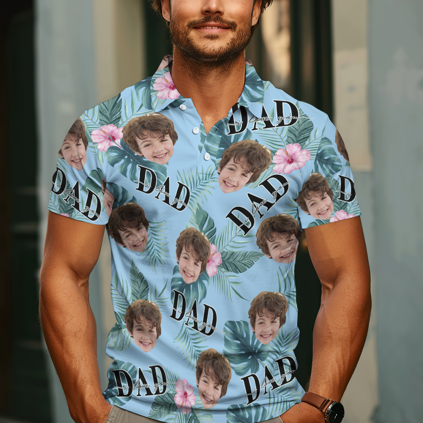 Custom Face Polo Hawaiian Blue Golf Polo Shirt Dad Beard Men's Polo Shirt Fathers Day Gift - MyFaceSocksAU