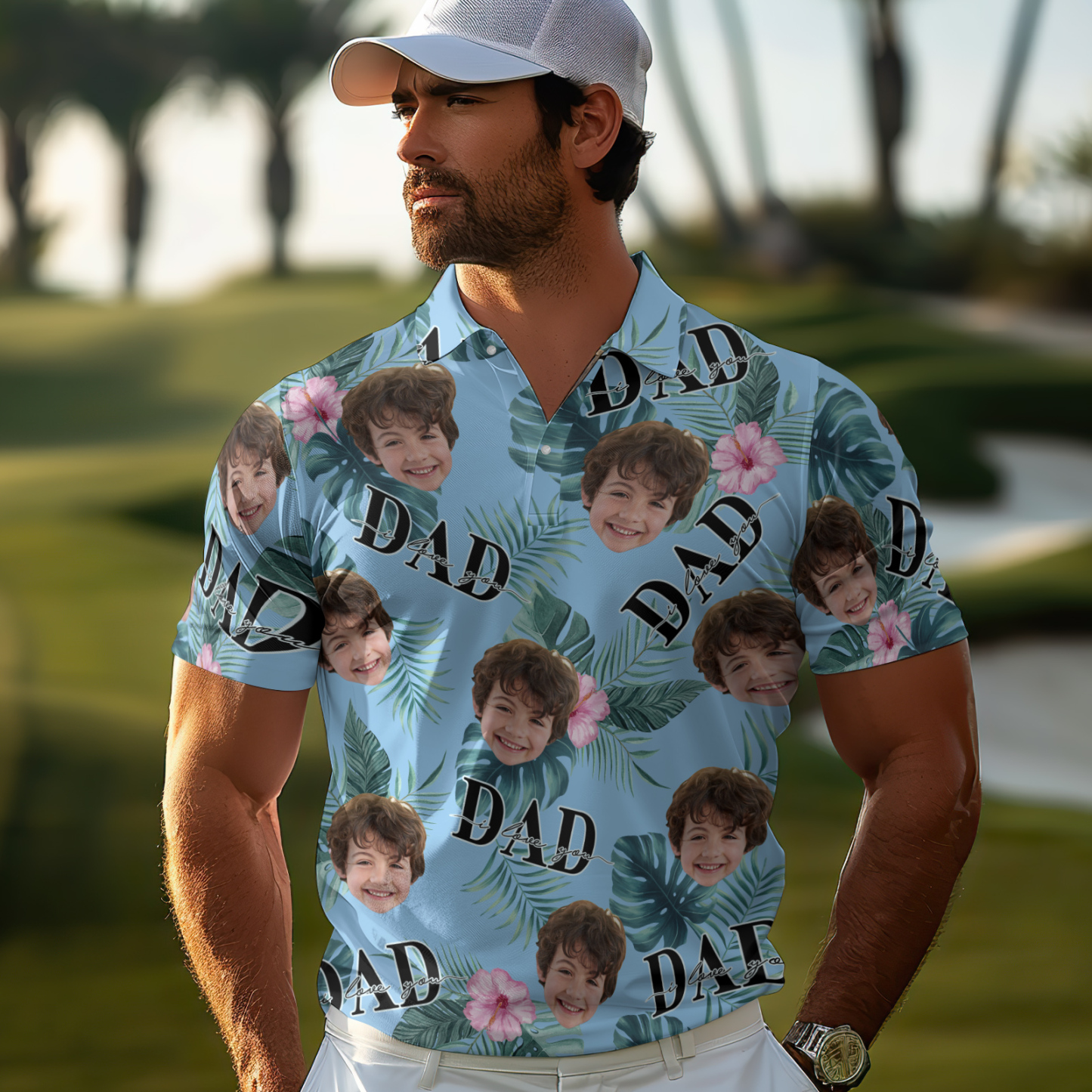 Custom Face Polo Hawaiian Blue Golf Polo Shirt Dad Beard Men's Polo Shirt Fathers Day Gift - MyFaceSocksAU