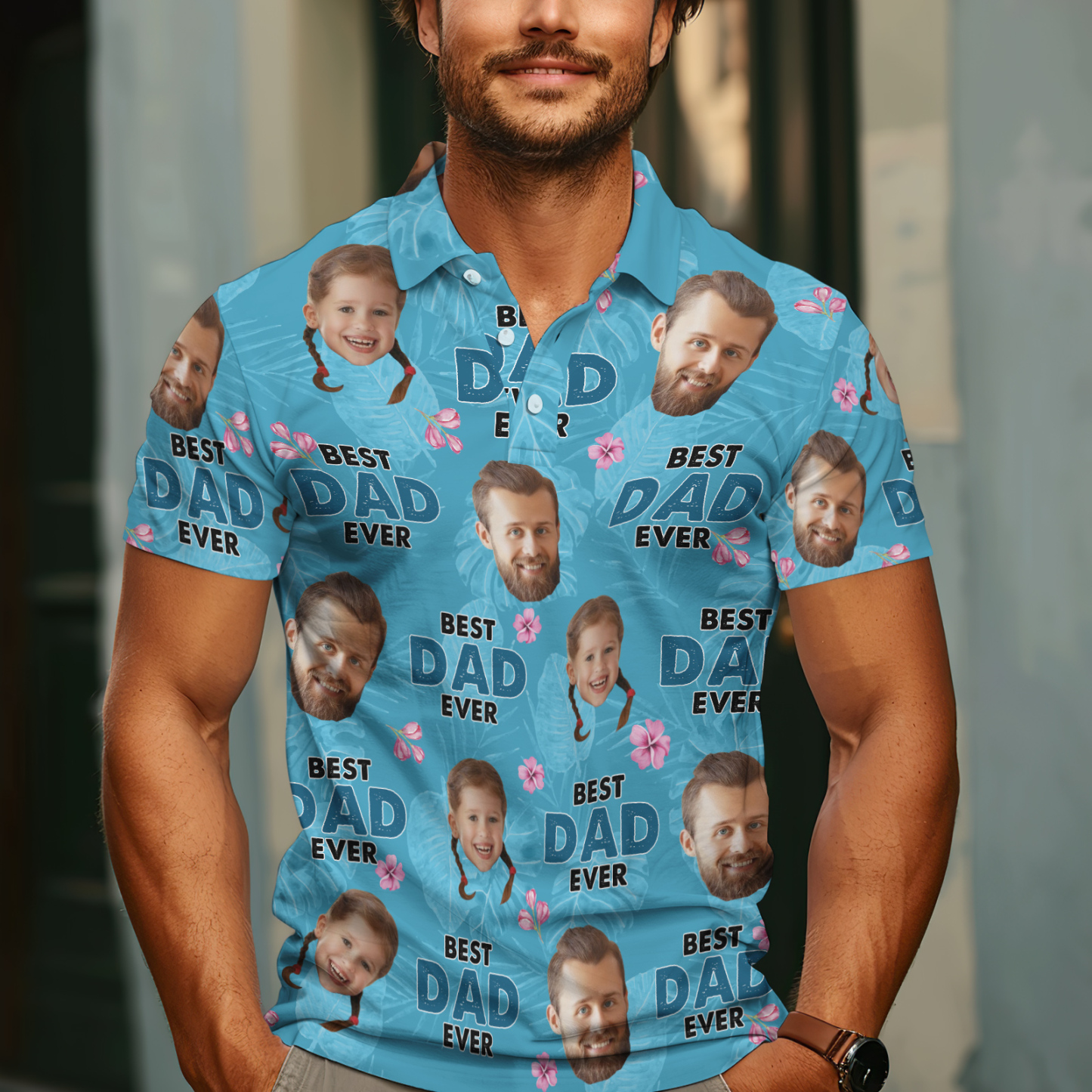 Custom Face Polo Hawaiian Blue Golf Polo Shirt Dad Beard Men's Polo Shirt Fathers Day Gift - MyFaceSocksAU