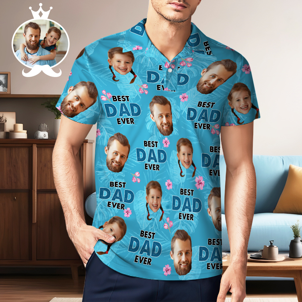 Custom Face Polo Hawaiian Blue Golf Polo Shirt Dad Beard Men's Polo Shirt Fathers Day Gift - MyFaceSocksAU