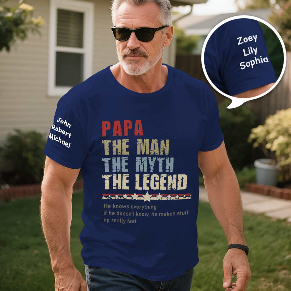 Personalized Papa The Man The Myth T-Shirt, Custom Father's Day Shirt With Kids Names - MyFaceSocksAU