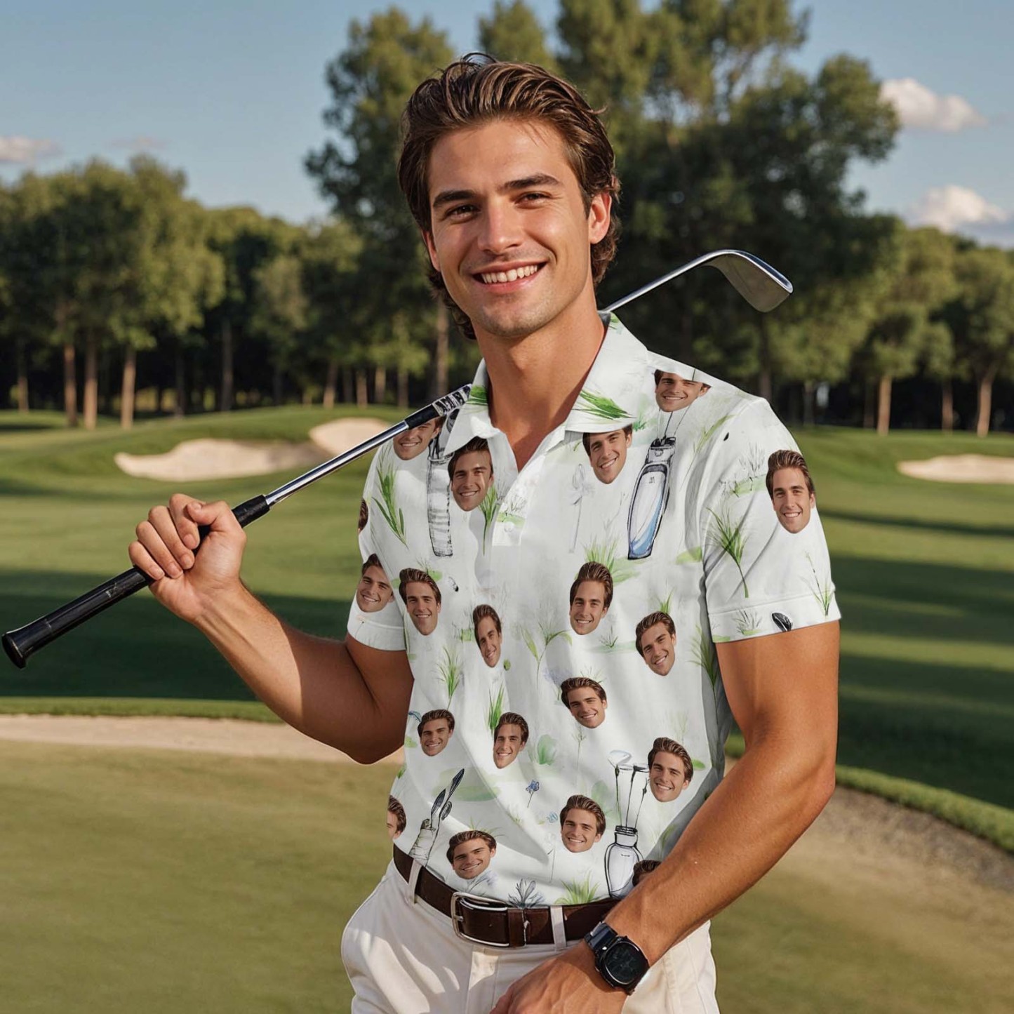 Custom Face Polo Shirt for Golfer Face on Shirt Gifts for Husband Personalized Golf Course Blue Short Sleeve Golf Shirt - MyFaceSocksAU