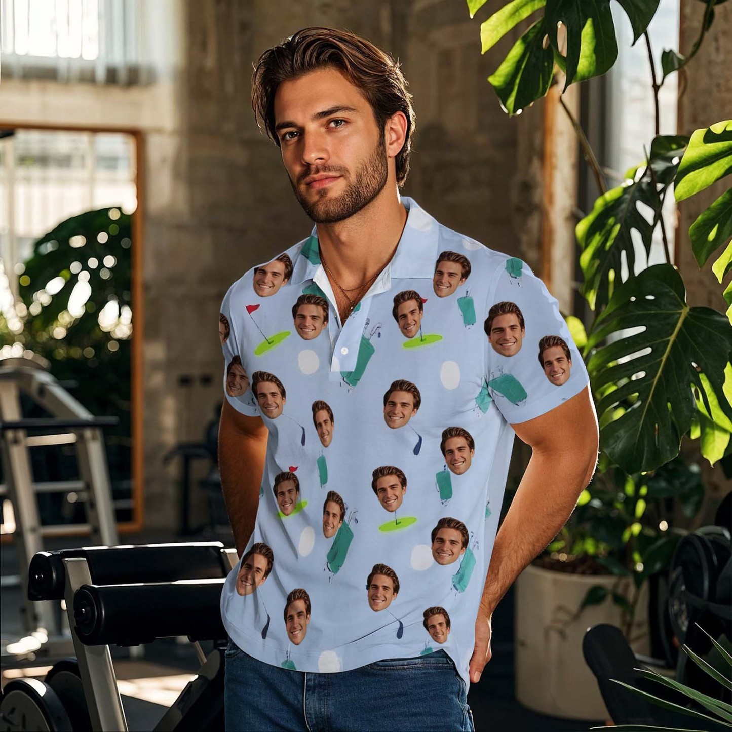 Custom Face Polo Shirt for Golfer Face on Shirt Gifts for Husband Personalized Golf Course Blue Short Sleeve Golf Shirt - MyFaceSocksAU