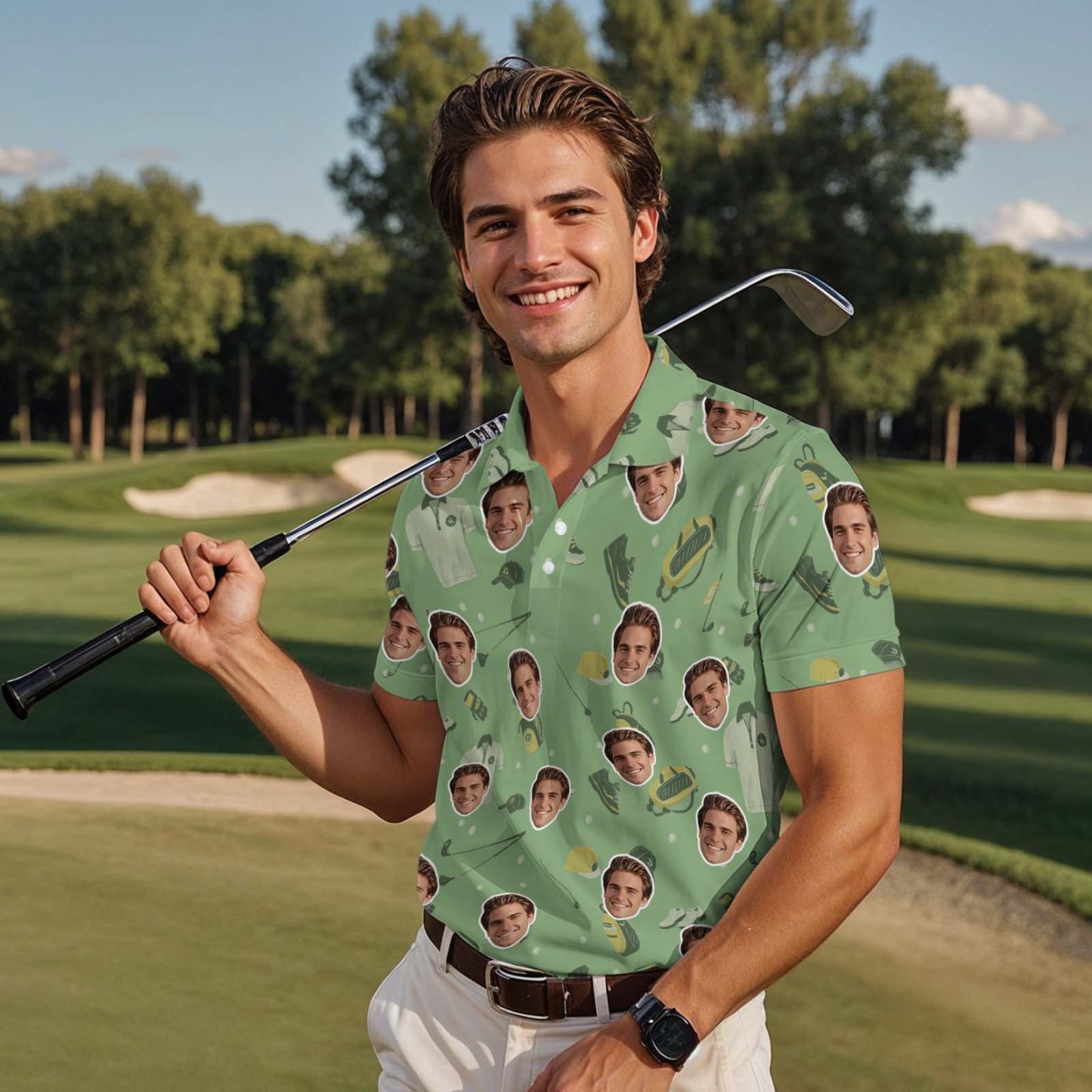 Custom Face Polo Shirt for Golfer Face on Shirt Gifts for Husband Personalized Golf Course Blue Short Sleeve Golf Shirt - MyFaceSocksAU