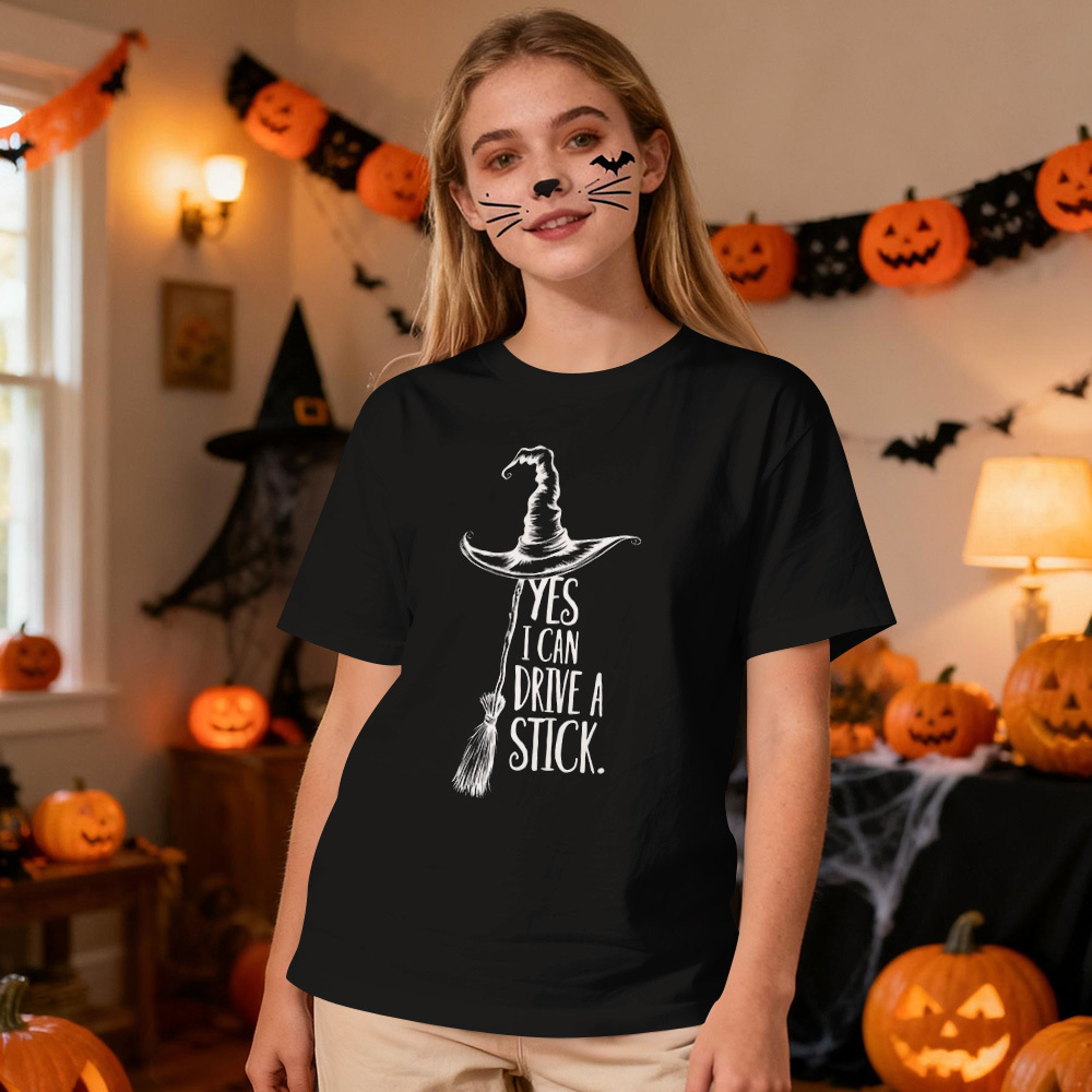 Yes I Can Drive A Stick T Shirt, Funny Halloween Witch Tee for Women, Spooky Party Shirt, Cute Halloween Gift Top, Witchy Costume Outfit - MyFaceSocksAU
