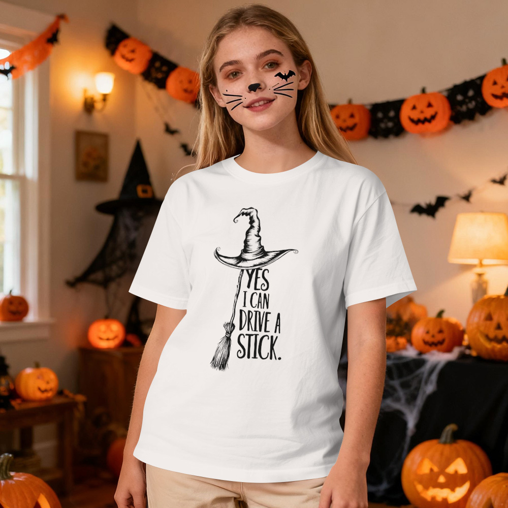 Yes I Can Drive A Stick T Shirt, Funny Halloween Witch Tee for Women, Spooky Party Shirt, Cute Halloween Gift Top, Witchy Costume Outfit - MyFaceSocksAU