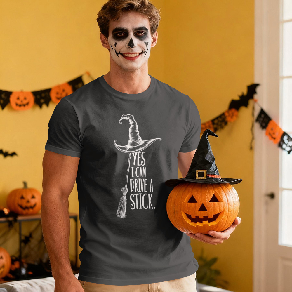 Yes I Can Drive A Stick T Shirt, Funny Halloween Witch Tee for Women, Spooky Party Shirt, Cute Halloween Gift Top, Witchy Costume Outfit - MyFaceSocksAU