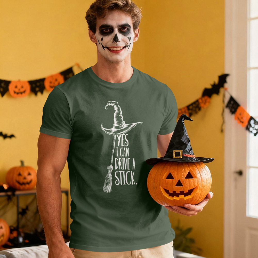 Yes I Can Drive A Stick T Shirt, Funny Halloween Witch Tee for Women, Spooky Party Shirt, Cute Halloween Gift Top, Witchy Costume Outfit - MyFaceSocksAU